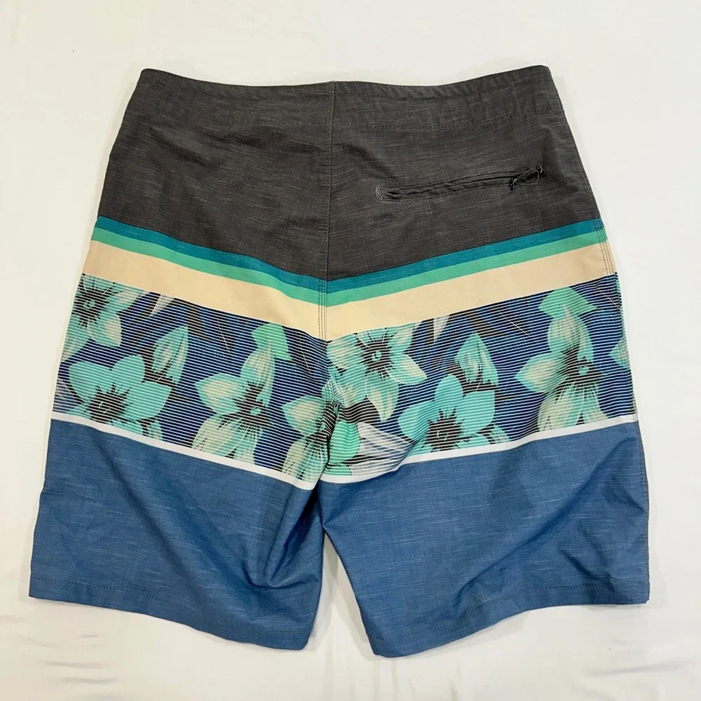 O'Rageous Floral Striped Board Shorts Mens 30 Blue Teal Zipper Pocket Surf core‎